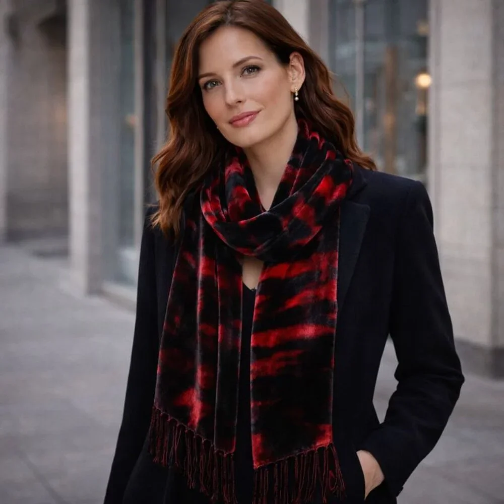 🖤 Crimson & Black Velvet Scarf – Silk Blend | Boutique Evening Luxe